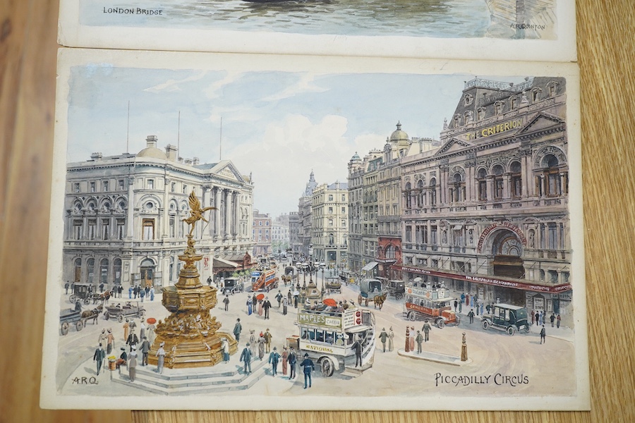 Alfred Robert Quinton (1853-1934), two watercolours on card, Piccadilly Circus and London Bridge, one signed, one signed with monogram, 20 x 31cm, unframed. Condition - fair to good